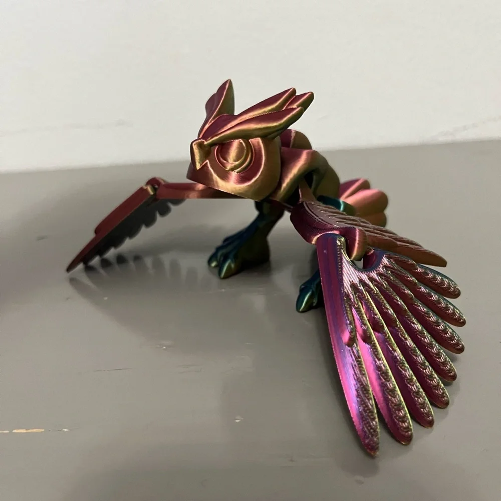 3D printed Flying Owl, multicolor and fully operational. Articulated Owl